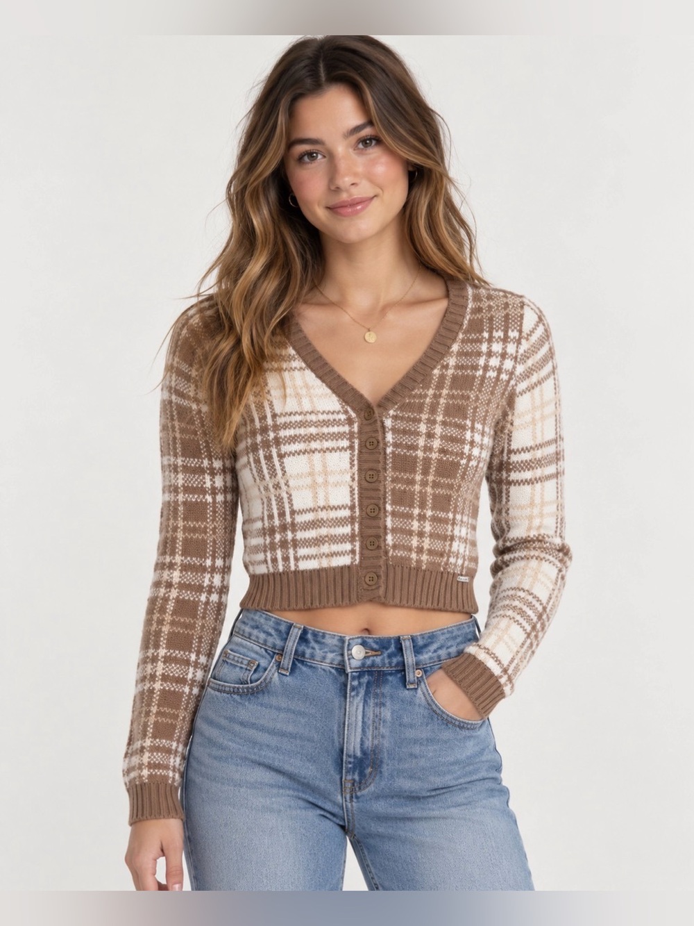 Hollister Brown & Cream Plaid V-Neck Button-Front Cropped Sweater